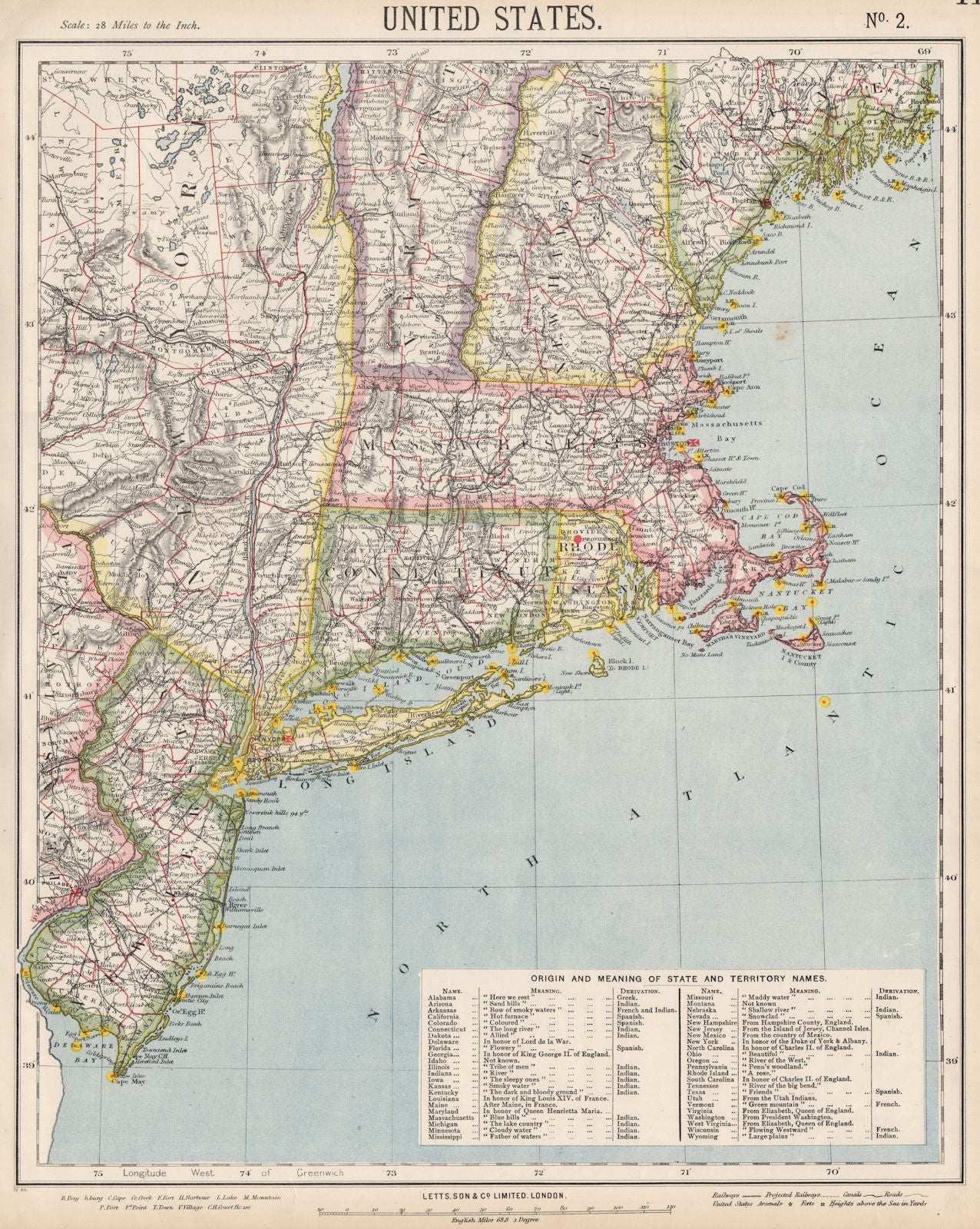 NEW ENGLAND COAST. NY Maine Massachusetts Connecticut NJ NH RI VT.LETTS 1889 map